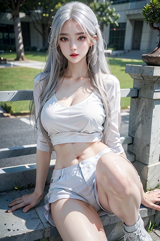 realistic, high resolution, girl, white hair, korean, blue eyes, exposed chest transparent shirt, sports shorts, park, pale skin, sexy pose.