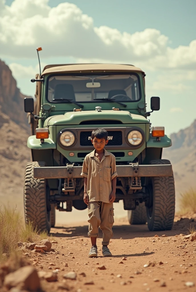 A boy sitting on a Mahindra thar number plate 7878