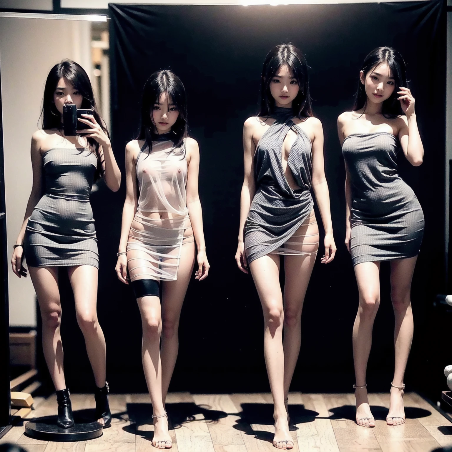Abandoned schools，Sexy standing pose，Full body portrait 1.1，18 years old girls，lean and slender body，As thin as a whipping post，Skinny，The barefoot，Random nudity throughout the body1.1，Random exposure of genitals1.2，facing to audience