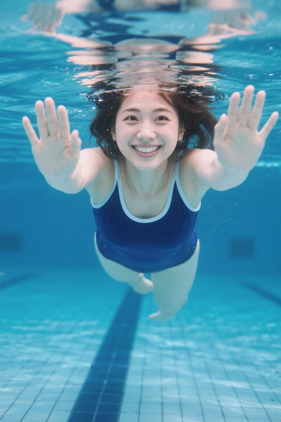 ((girl swimming in water、Shooting underwater、Uniform appearance))、(realistic、Photoreal、Super detailed、best detailed skin、highest quality、masterpiece、超A high resolution)、cute japanese woman、17 years old、high school girl、young girl、no makeup、have bangs、double eyelid、big black eyes、Japanese style face、smile、realistic肌タイプ