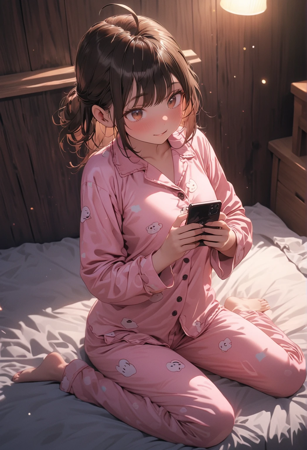 ((masterpiece, Highest quality, High resolution, 超High resolution, Pixel perfect, Written boundary depth, 4K, RTTX 10.0, High resolution))), 1 person, single, alone, Beautiful Anime, Beautiful art style, Anime characters, ((Shortcuts, bangs, Dark brown hair)), ((Green Eyes:1.4, Round eyes, Beautiful eyelashes, current eyes)), ((Smooth texture:0.75, Anime CG style)), ((Dynamic Angle, close)), Perfect body, (cute), Normal chest, whole body, ((4K, 8k, Highest quality, Perfect Fingers: 1.3, Perfect Anatomy: 1.3, Background Blur)), whole bodyアングル, An illustration of a girl staying up late at home on a summer night, The character is wearing light pajamas., sitting on a sofa in a relaxed position, His favorite manga and smartphone are scattered around him., She is smiling while concentrating on the screen., In the background, Outside the window, the starry summer night sky spreads out, The room is bathed in soft lighting.,