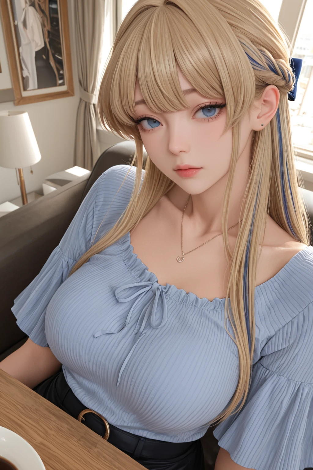 A teenage girl、(masterpiece:1.4)、(in 8K、realisitic、Raw photo、top-quality:1.4)、(Real Face:1.4)、(real looking skin:1.3)、超A high resolution、A hyper-realistic、Eyes in Beautiful Details、Blonde longhair、Black sweater、no-bra、knit hat、(huge-breasted:1.5)、gargantilha、Blushing、alluring face、cafes、coffee