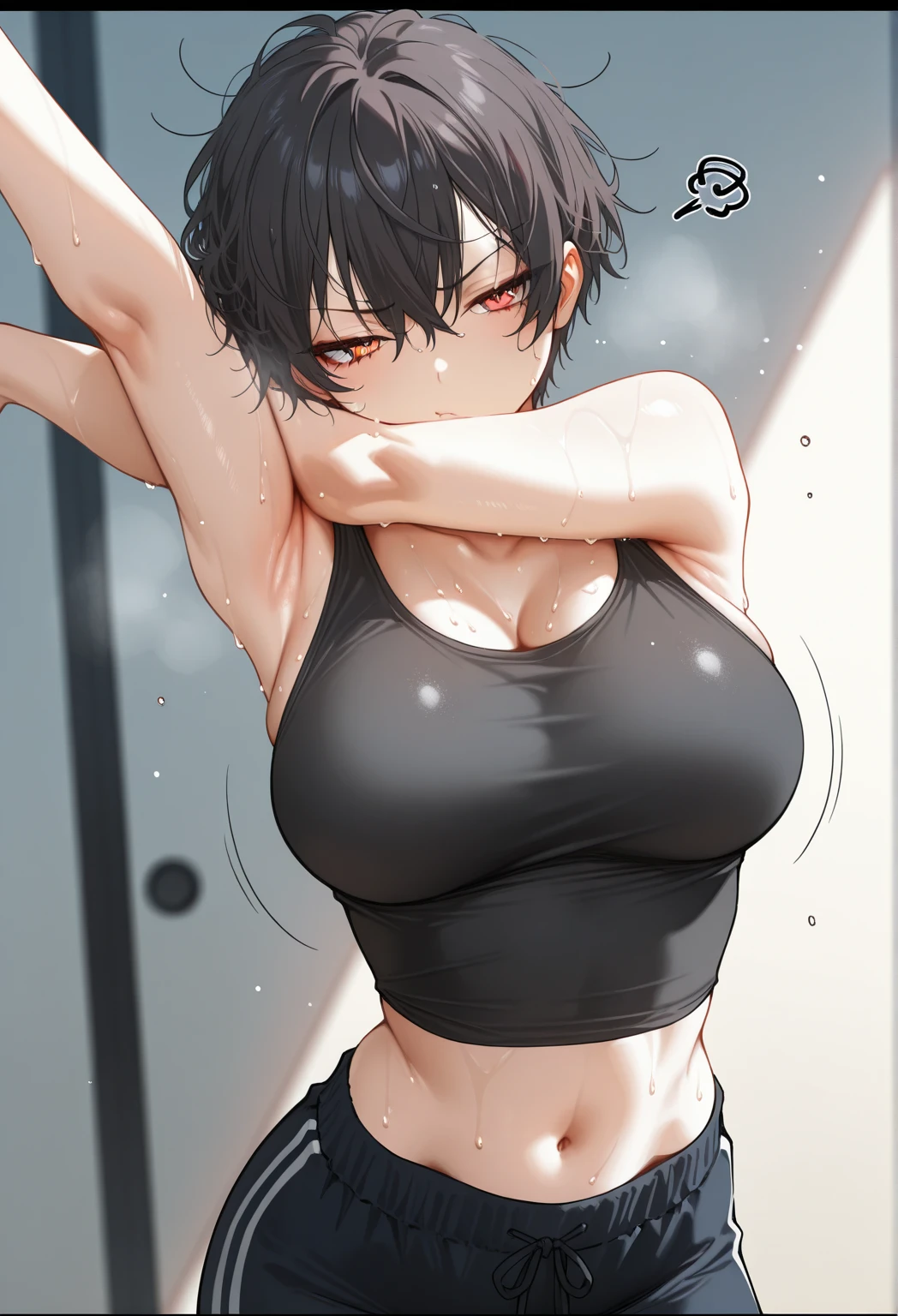 1girl, short hair, ponytail, black hair, huge breasts, sport bra, pink skirt, solid body