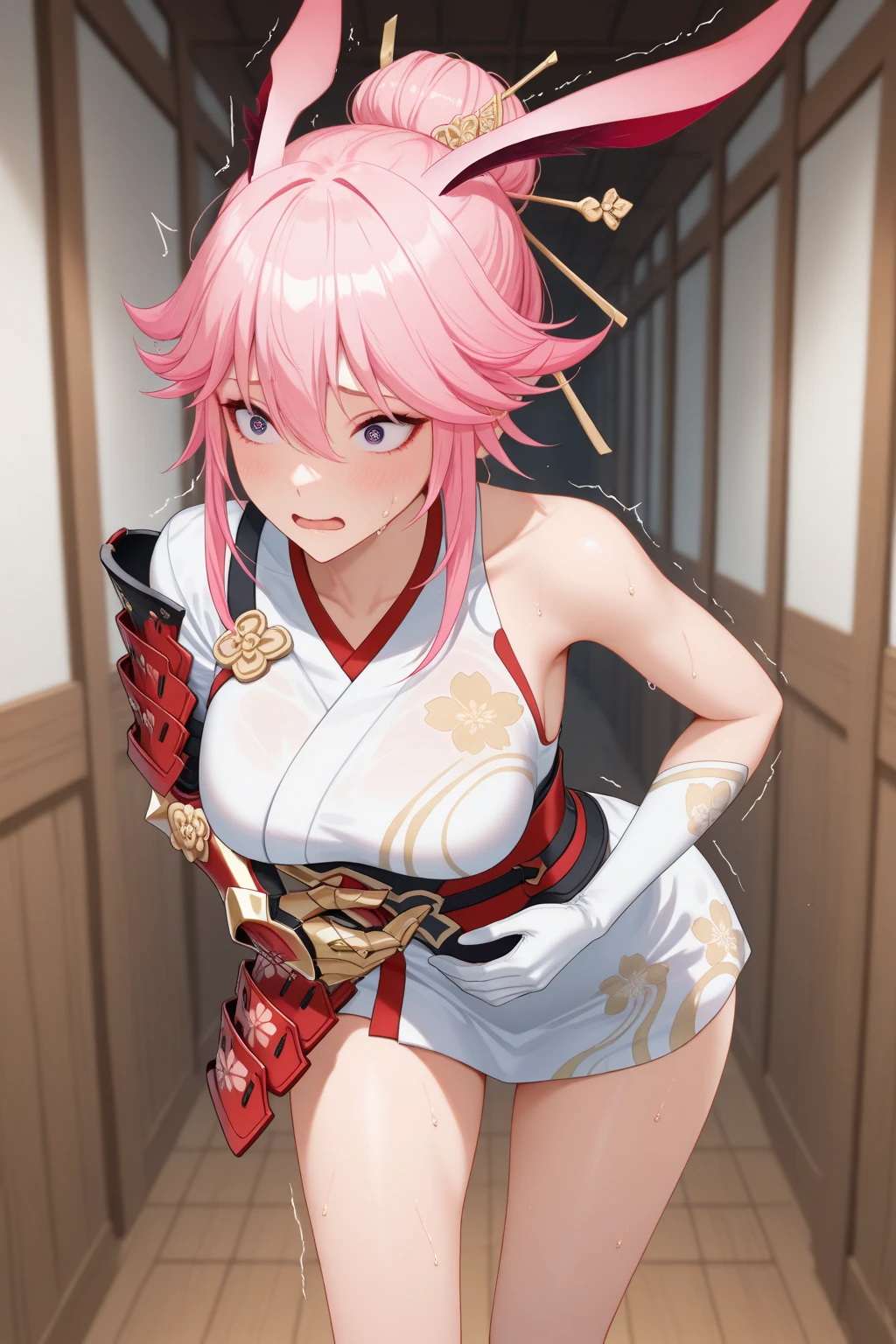 Sakura Haruno,Wet,bare shoulders,Bare chest,Bare navel,Bare with thighs,Fork the legs,Covered in sweat