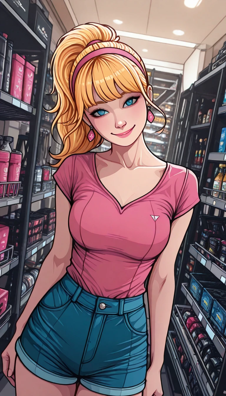 ((Orange Hair)), Green Eyes, Long half-tied hair, Break, ((Full lips)), ((masterpiece)), ((detailed)), ((pink camisole)), ((Open crotch denim shorts)), ((best quality)), ((Go out shopping)), (((Full and soft breasts,)))(((Large Breasts))) (((Cleavage))),, ((bright)), (beautiful eyes), looking at the audience