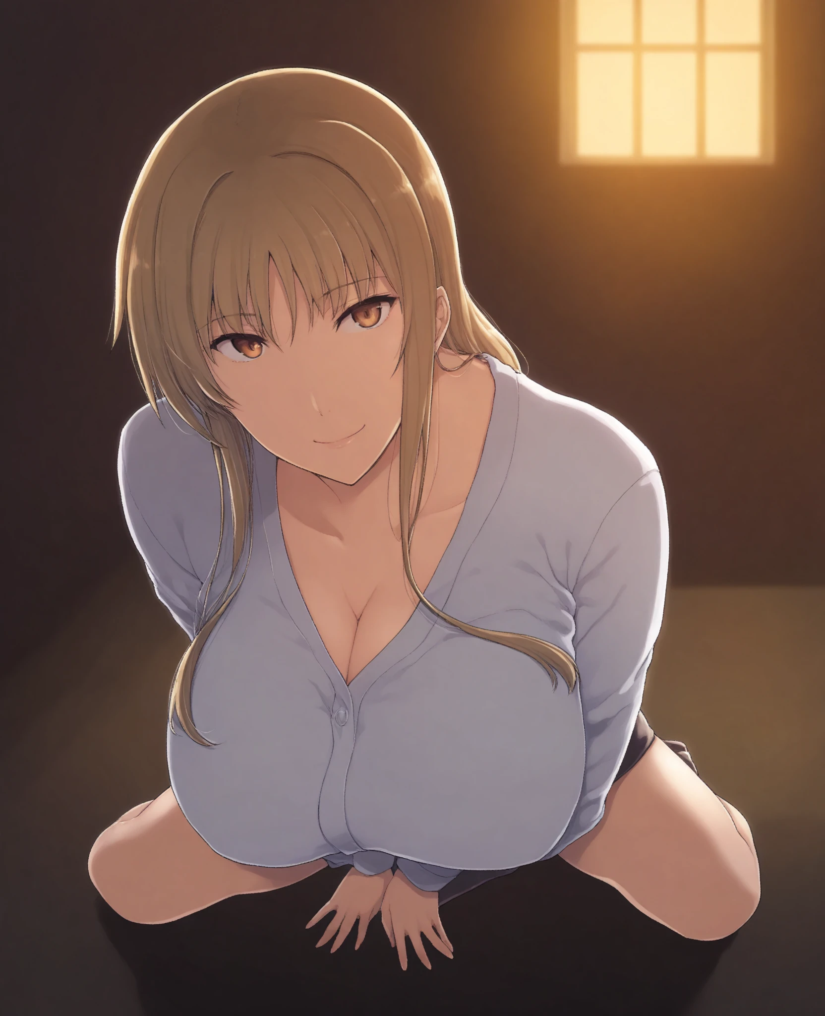 (masterpiece:1.2, best quality), (finely detailed beautiful eyes: 1.2), (extremely detailed CG unity 8k wallpaper, masterpiece, best quality, ultra-detailed), (masterpiece, best quality:1.2), 1girl, female solo, huge breasts, rounded breasts, shining breasts, perfect eyes, perfect face, perfect body, seductive,, looking at viewer, cleavage, ponytail, long hair, blonde hair, blue eyes, naked, full naked, completely naked, barely naked, sitting, spread legs, spreading legs, nipples, pink nipples