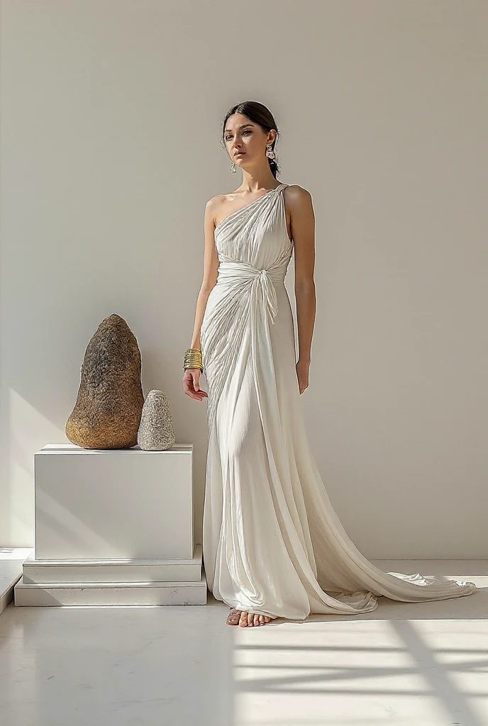Generate an image.The image depicts a woman wearing an ancient Greek chiton or peplos, a flowing dress that accentuates her figure without revealing too much skin. She stands gracefully against a backdrop that suggests ancient Greek surroundings, evoking the timeless beauty of the era.