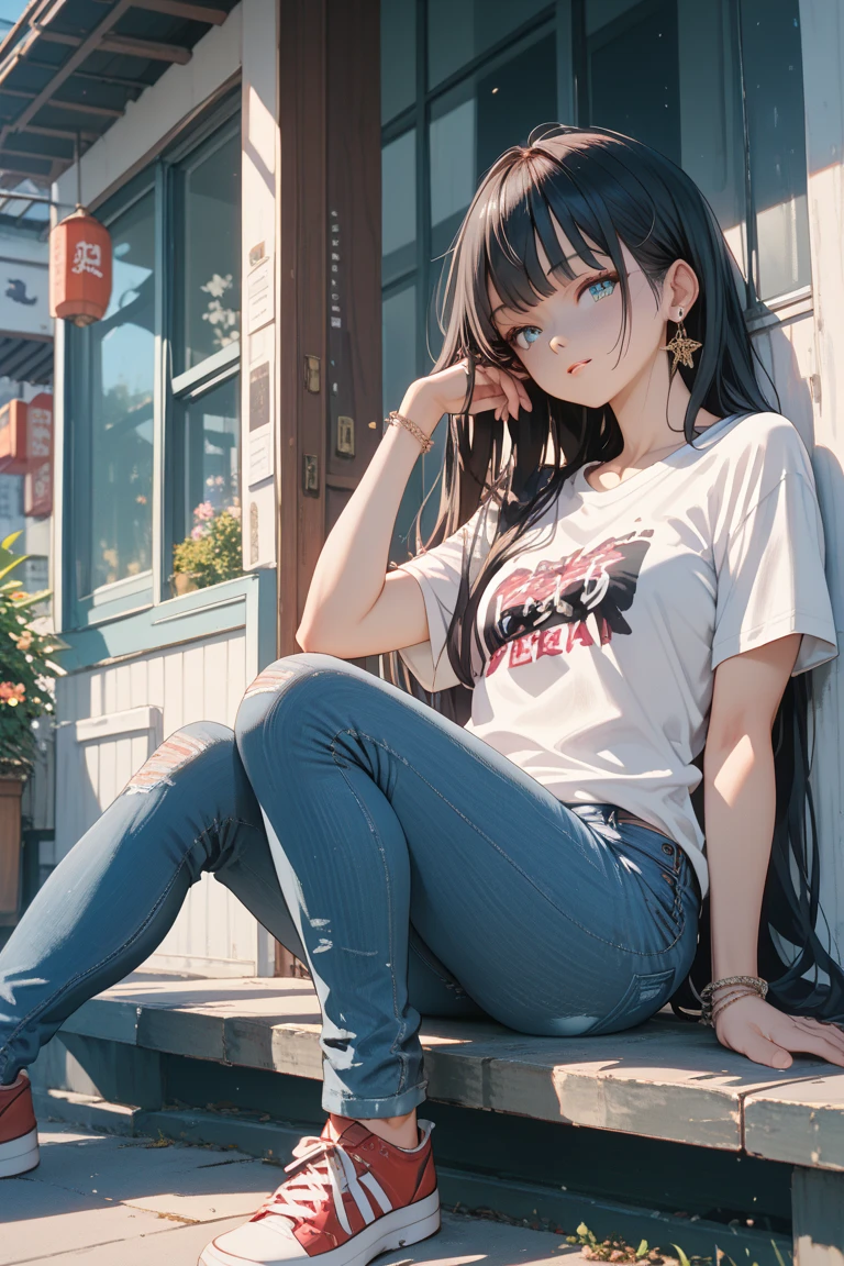 black hair,Blue eyes,wear a simple shirt,denim shorts,city, absurdity, a high resolution,ultra-sharp,8 Kšedevr, I look at the viewer
