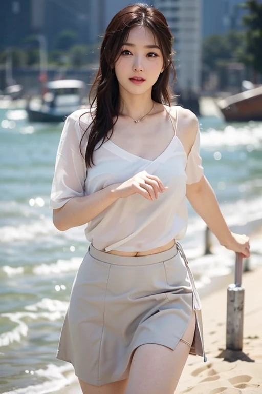Best image quality、RAW Photos、超A high resolution、21 years old Korean、Small breasts、Dynamic Angle、Cowboy Shot、Chaos in its most beautiful form、elegant、Brutalist Design、Vibrant colors、Beautiful white hair、Short Bob、smile、fun、smile、Glowing White Skin、Beautiful eyes with random colors、Very thin lips、Beautiful eyes in every detail、 Narrow eyes、Cheeks are pale pink、Eyelash length、Beautiful double eyelids、eye shadow、Bright white hair、Crop top、Lightweight see-through jacket、Harem pants、Sandy Beach、Shooting from diagonally below、Low - Angle、The wind is blowing、Hair fluttering、boost mood、Full body photo