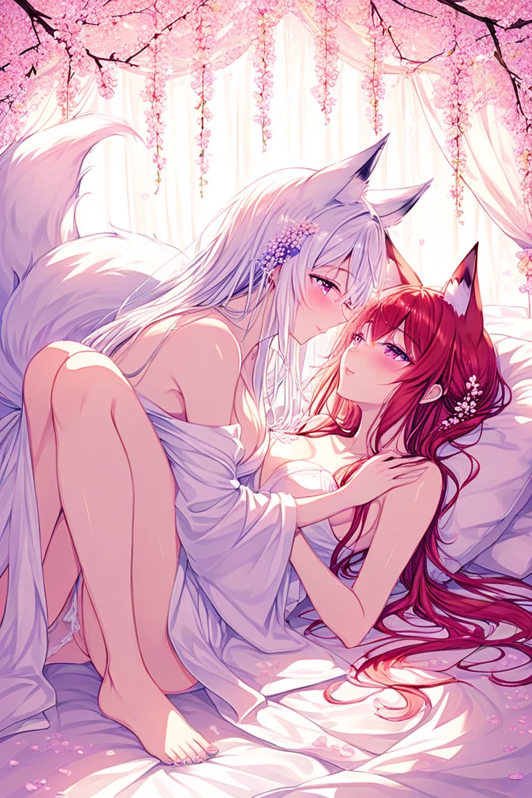 best quality,best resolution,in bed,night,light and shadow,pink cat girl,white cat girl,long hair,wavy hair,messy hair,hugging,lesbians,naked,calm face,two eyes closed,full face blush,a lot of hearts,kissing cheek