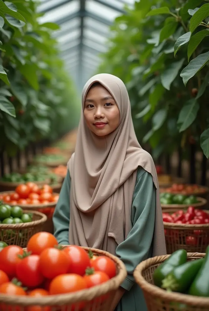 a 17 year old woman wearing a long hijab, well-groomed white skin, eyes focused ahead, in the middle of a plantation full of various kinds of fruit, there are tomatoes, chilies, eggplants picked and put in a transparent plastic basket, the texture of the fruit looks authentic, there are also the fruit is put in a bamboo basket, 4k photography, connection, joy of awakening, orchard, art contest winner, excellent photo quality, traditional Indonesian garden, 1024×1024