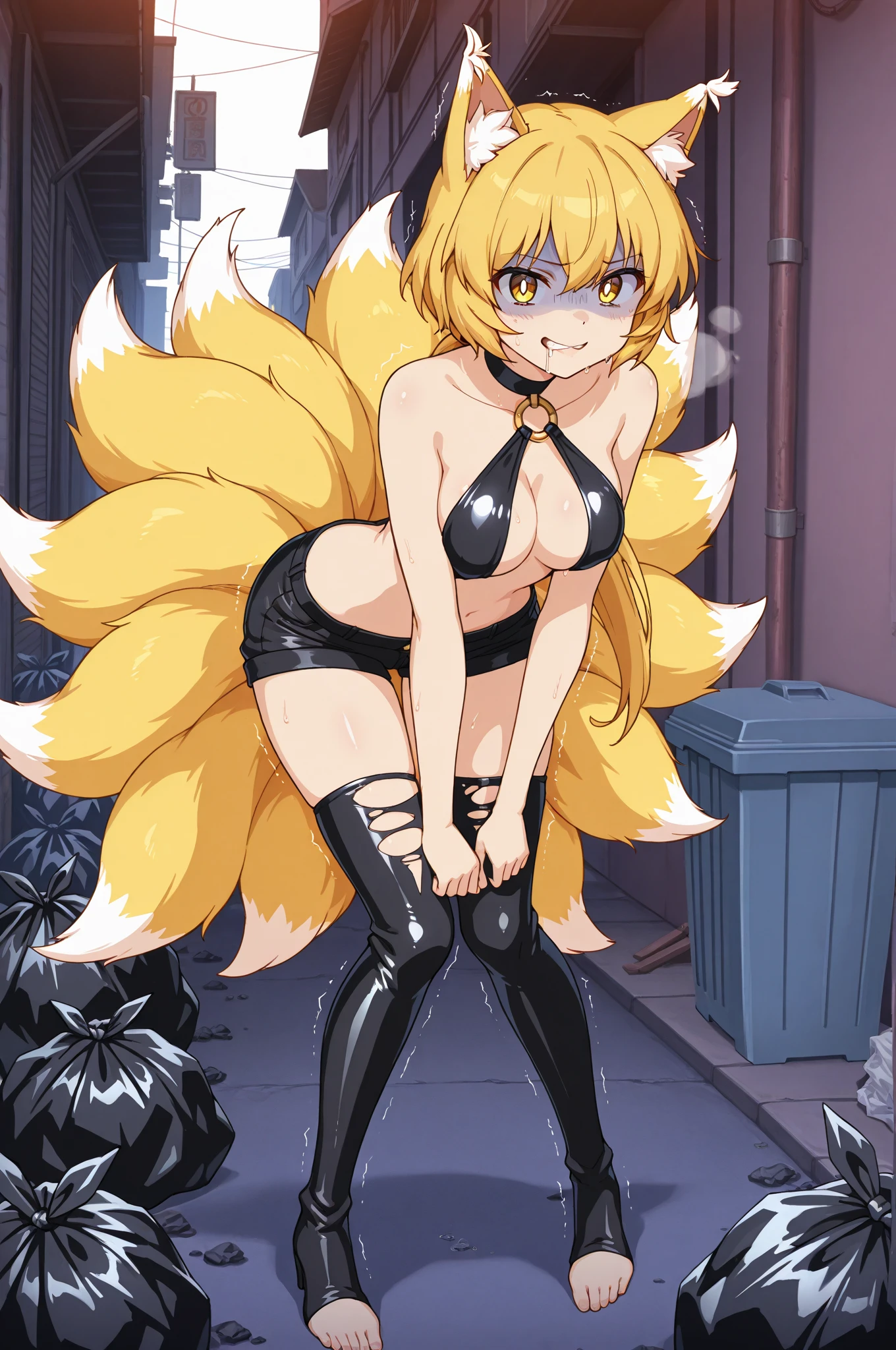 one girl, Metallia, long blond hair, fox ears, twin braids, green eyes, sharp teeth, big tits, naked, vaginal sex with a big dildo.