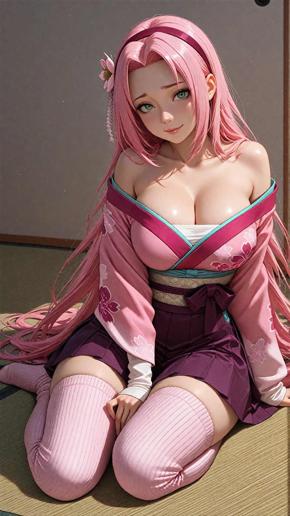 Beautiful woman, long pink hair with green tips, wearing a black kimono with a skirt cutting off a few inches above her knees, white and pink robe overtop the kimono, adorable, light pink blush, green and pink eyes, smiling shyly, standing in a river, boob window on kimono, cleavage(1.3), sexy, hot, curvy, beautiful, wearing long green stocking thighhighs socks, pinnacle of sex appeal, wearing cute pink panties, holding her skirt up seductively, panties showing