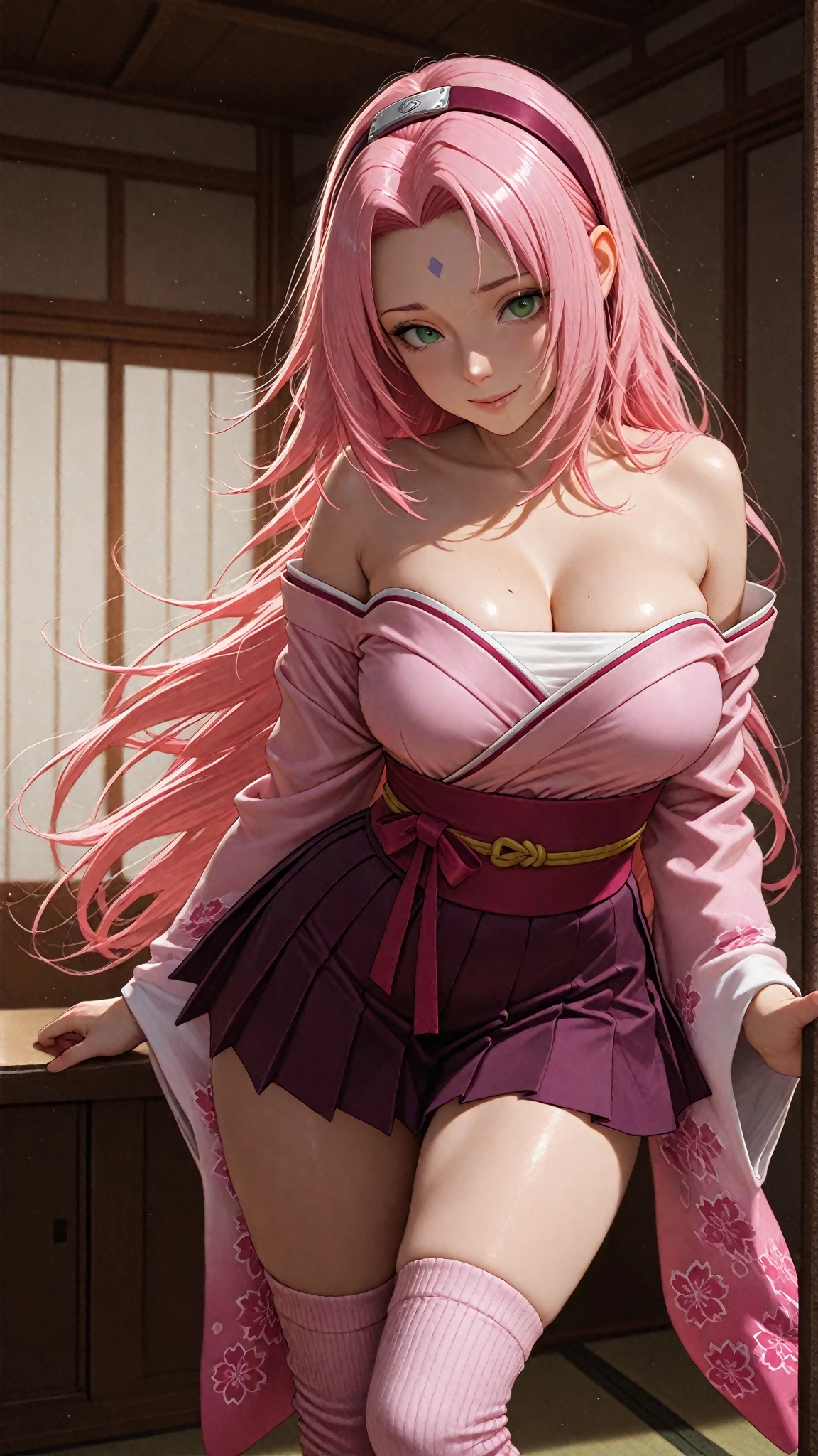 One girl with sleeves separated, strapless, pink hair, long hair, Japanese clothing, jewelry, purple eyes, earrings, big breasts, torii, cherry blossoms, lantern light, depth of field, detailed face, facial focus, semi-transparent miniskirt, Unconventional shrine maiden, shiny skin, long sleeves, smile, lip gloss, beautiful eyelashes, stockings, big breasts, hands on lips, east asian architecture, blurred background, full body, behind arms, delicate headgear, kneeling with