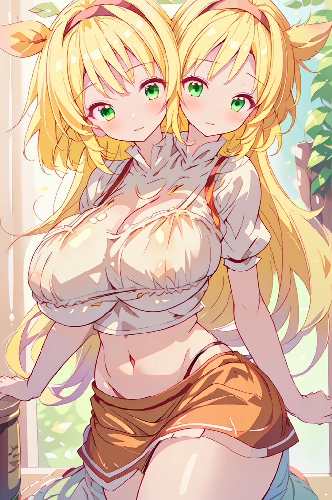 (masterpiece, best quality), best quality, (ultra-detailed), (3heads:1.5), 1girl, (ellen (touhou):1.3), masterpiece, best quality, ultra quality, ultra resolution, ultra detail, red top, crop top, ((stomach)), midriff, ((groin)), red skirt, normal ears, shackles, blonde hair, very long hair, wavy hair, sidelocks, green eyes, parted lips, open belly, sweat, cute, toned belly, hand on own chest, eyelashes, (24 year old woman:1.3), (masterpiece:1.5), (best quality:1.5), (beautiful detailed, extremely detailed CG, extremely delicate and beautiful, depth of field, (finely detailed face), (perfect details:1.3), (mature female:1.4), wide pelvis, slender, large veiny breast, 16k resolution, highres, high quality, high definition, extremely detailed, masterpiece, best quality, blonde hair, long hair, alluring presence, braid, short skirt, close up, big tits, young, hairband, red hairband, waist apron,