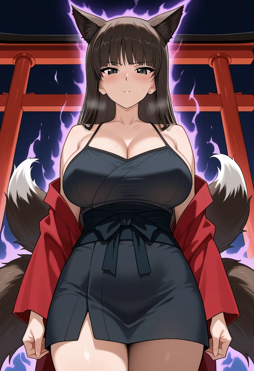 Beastars art style, beastars, Juno, brown wolf, she Wolf, 1girl, furry, long curly brown fur, slim figure, blue eyes, wide hips, Big breasts, kimono, cleavage, night time, festival, moon