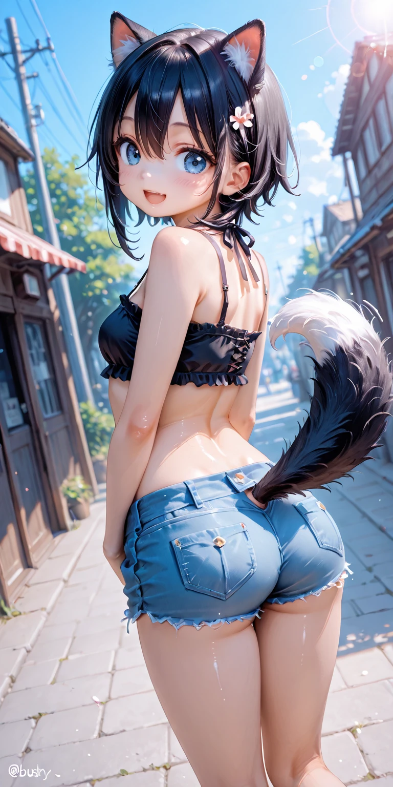 topless, Armless, A dark-haired woman wearing full-zip shorts is eating a tlayuda at a taco stand Jeans have a belt With side slits Big Ass Spread your legs Open your arms Cat ear tail