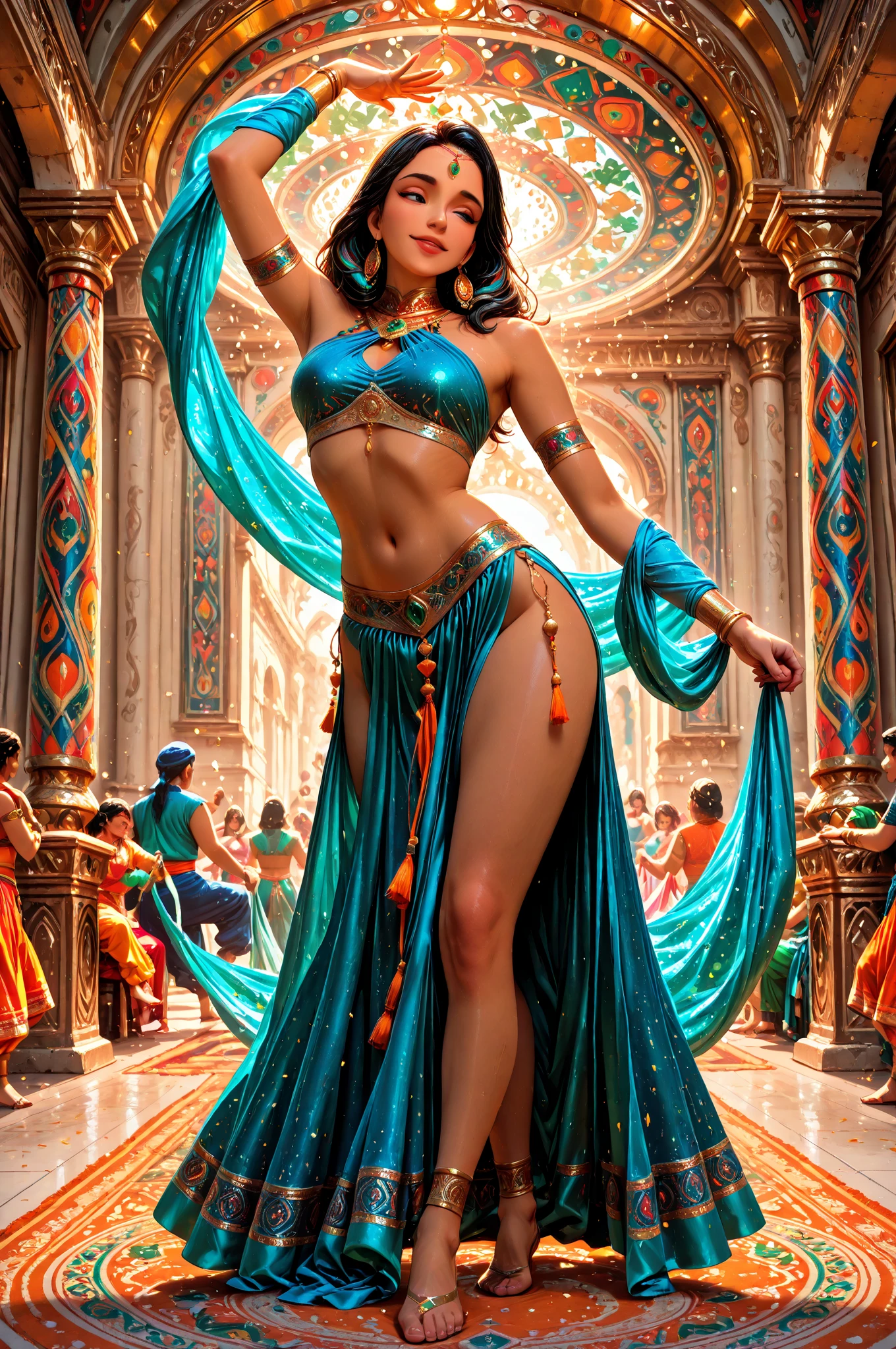 (arabian girl:1.5) perfect face, (chubby:1.5) child in saree perfect full HDR body exposed midriff highleg curvy armpits bellydancer 8k high res knees ankles , royal skimpy underwear, cleavage (shiny skin:1.5) depth of field (full body:1.5) (high heels) (dark skin:1.5) (arabian background:1.5) (armpits:1.6) (arms up:1.3) (blue theme:1.4)