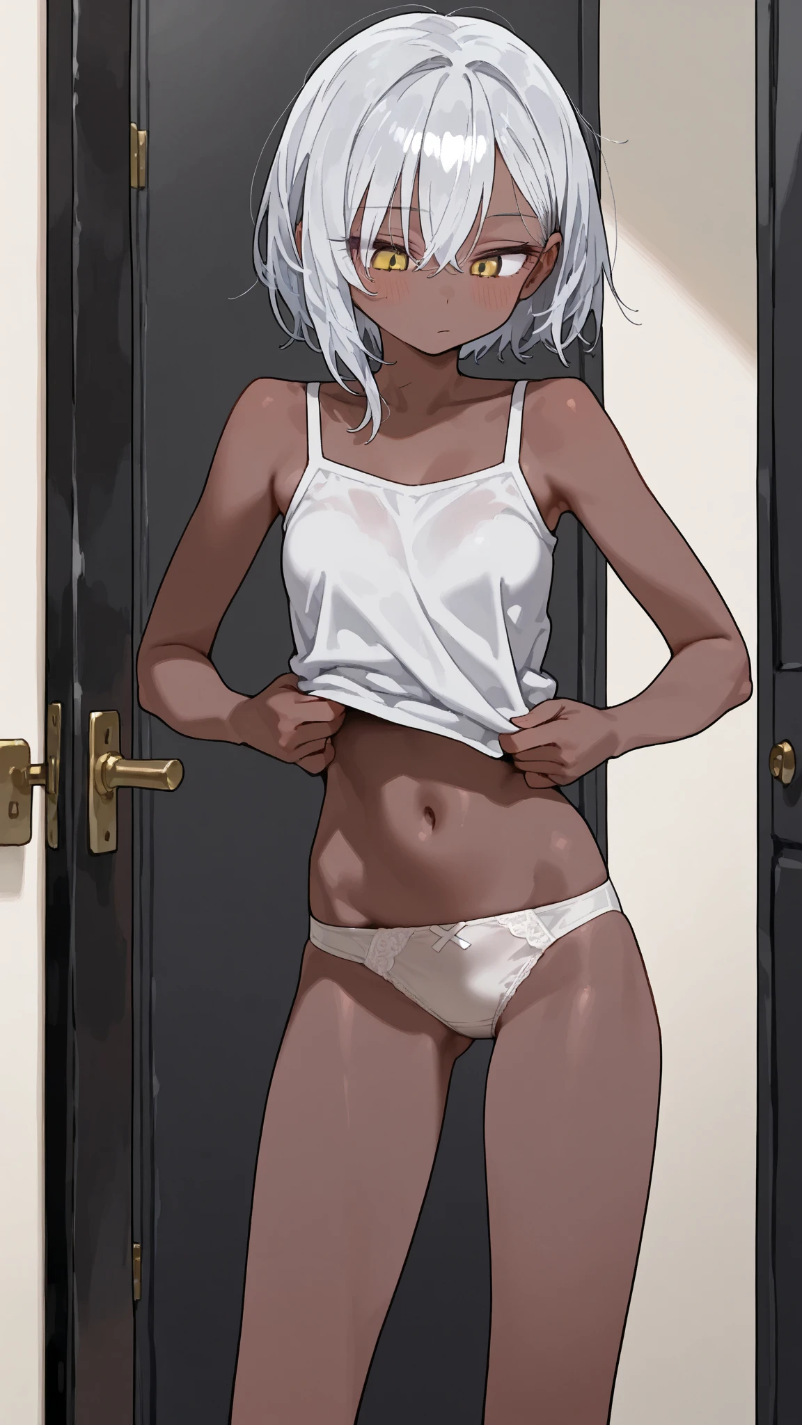 Hild, solo, dark skin, seductive, smile, lipstick, laying on bed, leaning sideways, night, blushing, (black button shirt), open shirt, panties, perfect quality, good quality, masterpiece, HDR, UHD <lora:Hild:0.7>