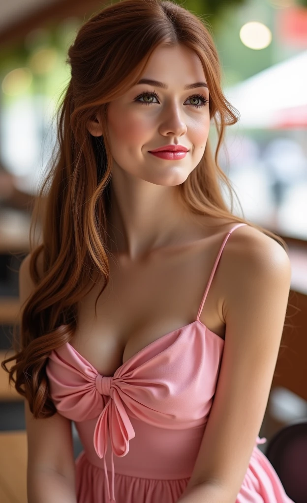 Madelaine Petsch, full body shot, a pic taken from distance, Rome city center, sitting at the table at street restaurant, pink dress, full body shot, full body (picture taken from far) Regarder le spectateur (Tout de suite, messy, Epic Milf Character Composition, full body shot, detailed environment, facing viewer, sourire, seductive smile, (8k, Photo brute, Highest quality),(epic realistic:1.5), posture dynamique, erotic face (detailled eyes:0.8), (Highest quality), (meilleure ombre),Intricate details, cinematic,((peau:1.4)),interior (Hdr:1.5),Detailed, (glowing lighting: 0.7), Masterpiece, Photo RAW portrait en pied, Des yeux captivants, Bright details, Tight lips, (High Skin Detail), (teinte: 0.25), (vente: 0.66), Key lighting, (backlight: 0.4), Profondeur de champ moyenne, Canon 5d, Objectif 50mm, f/4 ouvertures, (Ultra-detailed, Complex detail), mise au point nette, 4K, Absurde, Grain de film 8mm, flirting with camera, model body, big breasts, C-cup breats, smiling, looking directly at camera, natural lights, detailed environment,