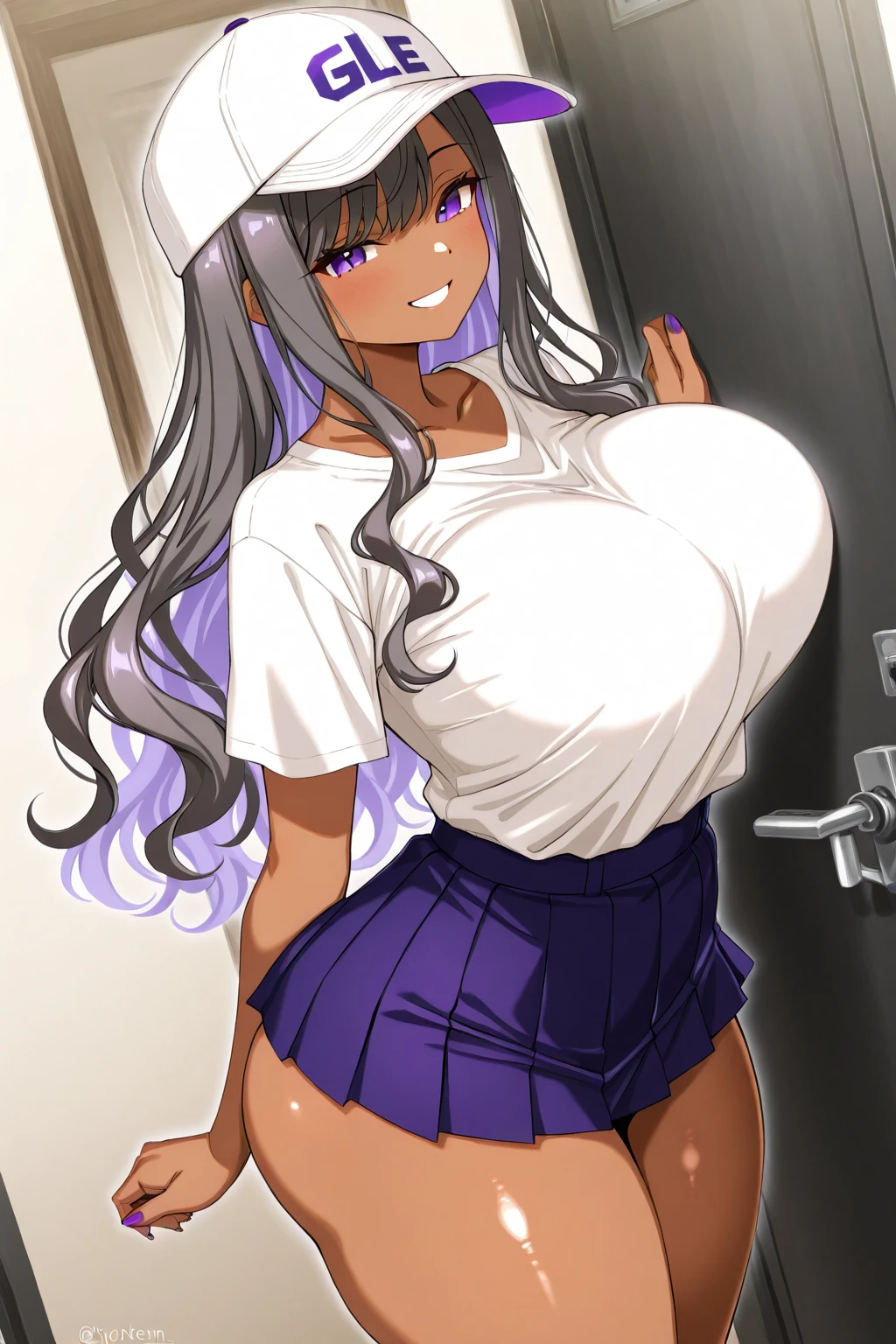 score_9,score_8_up,score_7_up,rating_explicit, source_anime, 1girl, solo, mejiro mcqueen \(umamusume\),  gyaru, solo, very dark skin,1girl, 40yo, whore, prostitute, Mature female, huge breasts, wide hips, thick thighs, upper body, mejiro mcqueen, umamusume, horse ears, horse tail, horse girl, white areola, thin pink lips, tanned skin, pink makeup, 