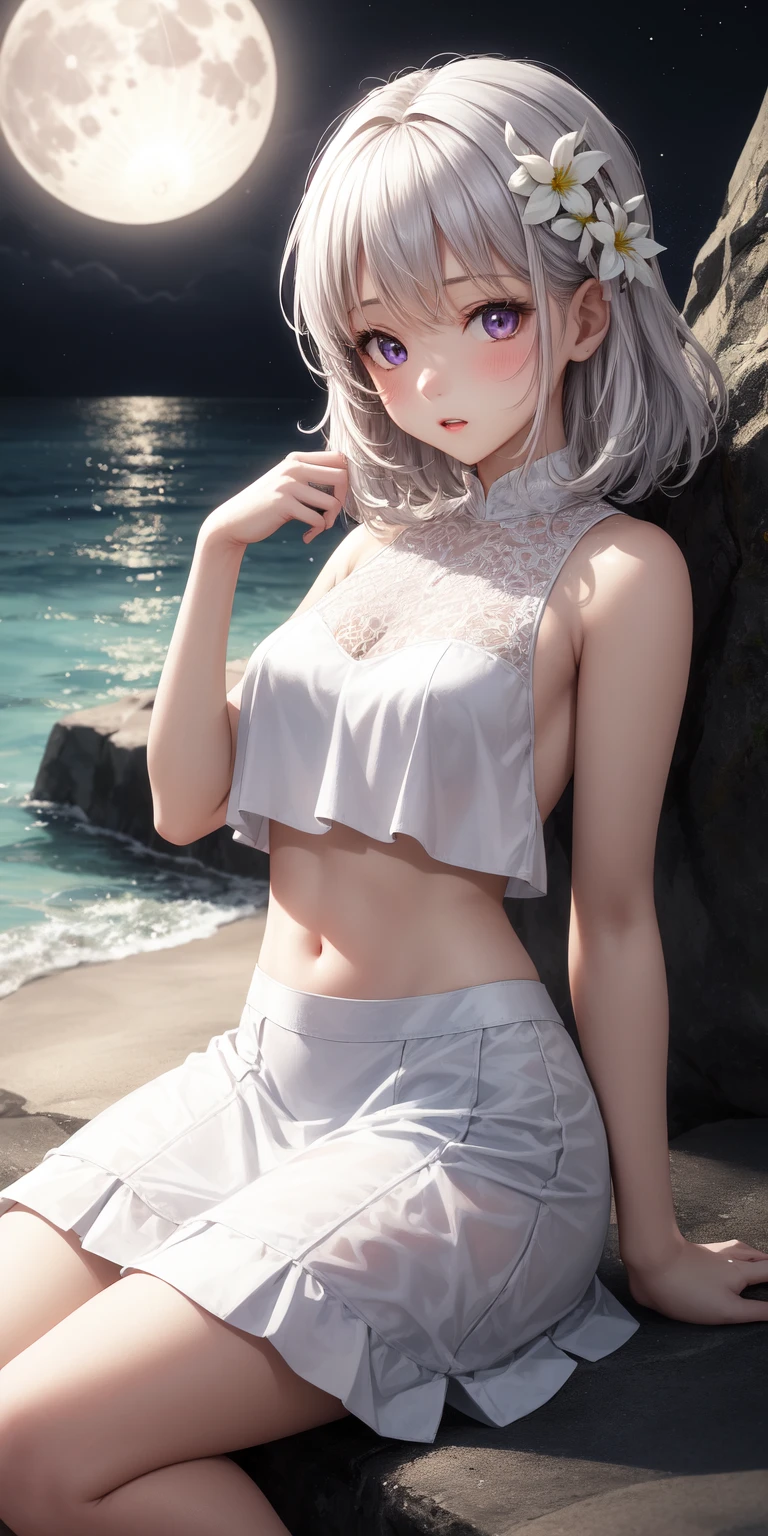 Girl, K-pop, nature background , beautiful, ethereal, Korean, hot, pale skin, defined lips, curves, korean, albino, gray eyes, crop top, shorts, slim, pretty, delicate, sexy, seductive, playful, solo, (Hair Over One Eye), feminine