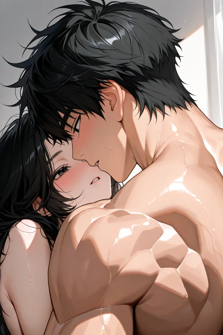 man having sex with naked woman, moaning, semen, wet