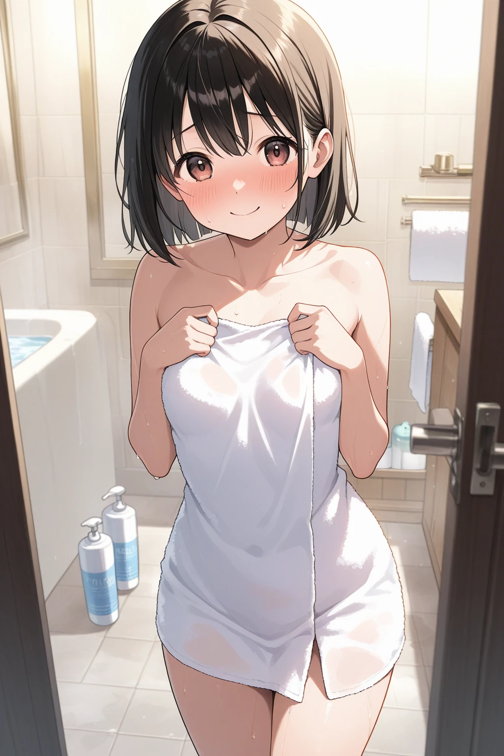 (Highest quality), (masterpiece), 1080P, High resolution, 4K, 8K, ((bath towel)), ((bath towel)), Thighs, ((Shooting from below)), Leaning forward, Embarrassing, bathroom, hot spring, chest in hand, Shoulder Bare, chest blowjob, between chest, paizuri, chest, Breast compression, Open your mouth, Fang teeth, Panic face, Exposing the nipples, small chest, Long black hair, 18-year-old, smile