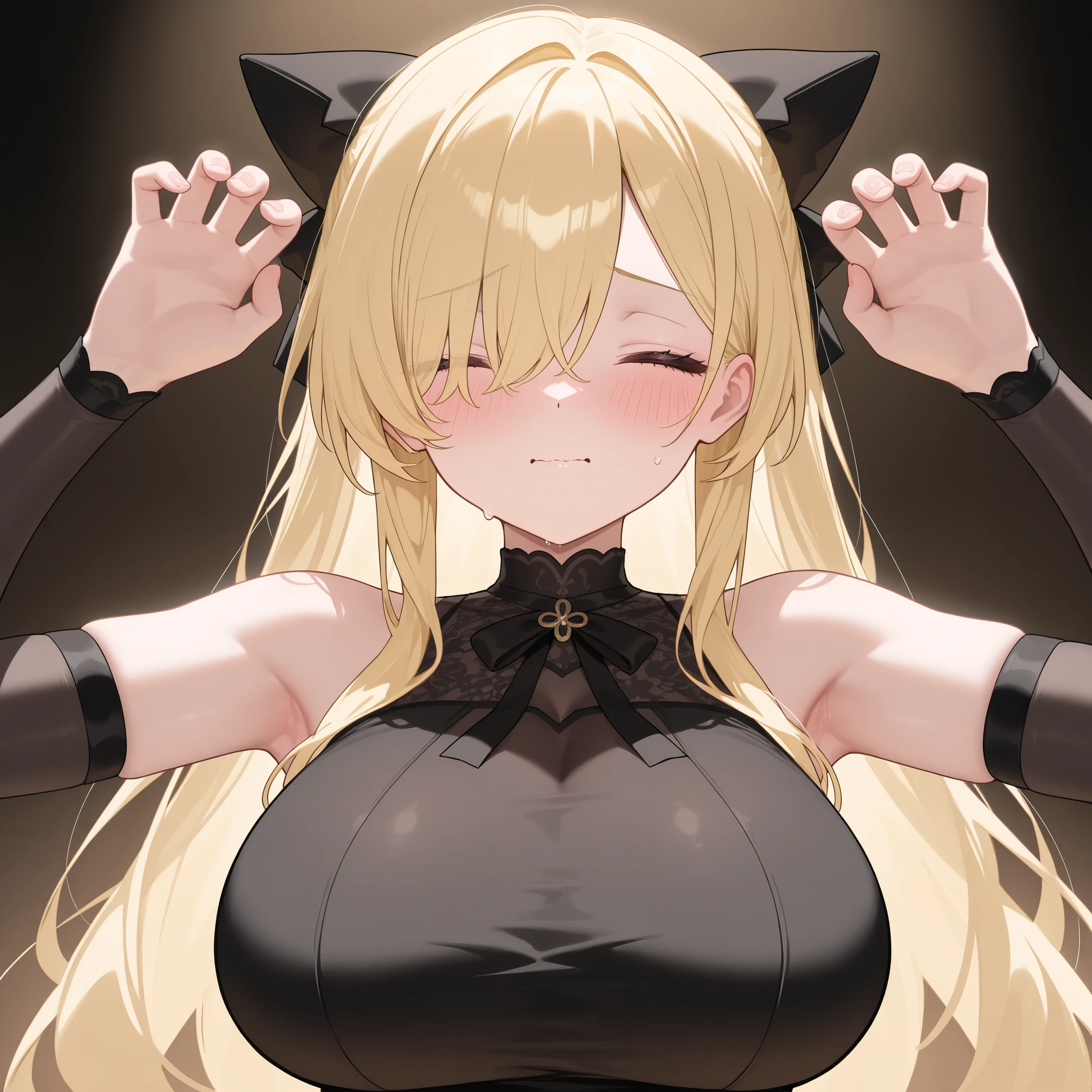 Blonde ponytail, busty, (grabbing breasts:1.3), (naked:1.3), (see-through lingerie:1.3), (grabbing breasts:1.3), (sweaty:1.4), (sexy pose:1.4), (blushing face:1.4), smiling, tongue out, ((heart-shaped pupil))