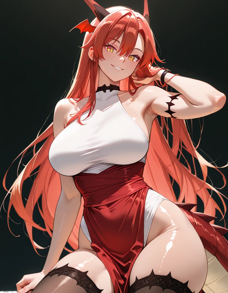 anime, woman, Onee-san, adult woman, mommy, solo, long hair, unusual hairstyles, red hair, yellow eye, model, beautiful, dragon, soft smile, dragon horn, casual clothes, casual style, big breast