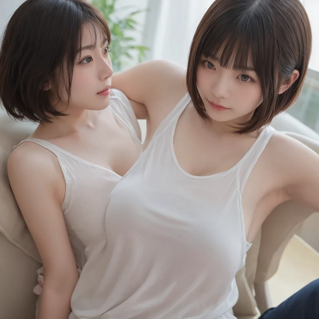 (masterpiece), (extremely intricate), Ultra-detailed, Realistic:1.37, White background, A Japanese Lady, 27yo, Wearing a white shirt without a bra, dark brown short hair, Beautiful double brown eyes, feeling embarrassed, I try to hide it by crossing my arms in front of my chest., slightly larger breasts,cannot be completely hidden, she bites her lip, Blushing face,