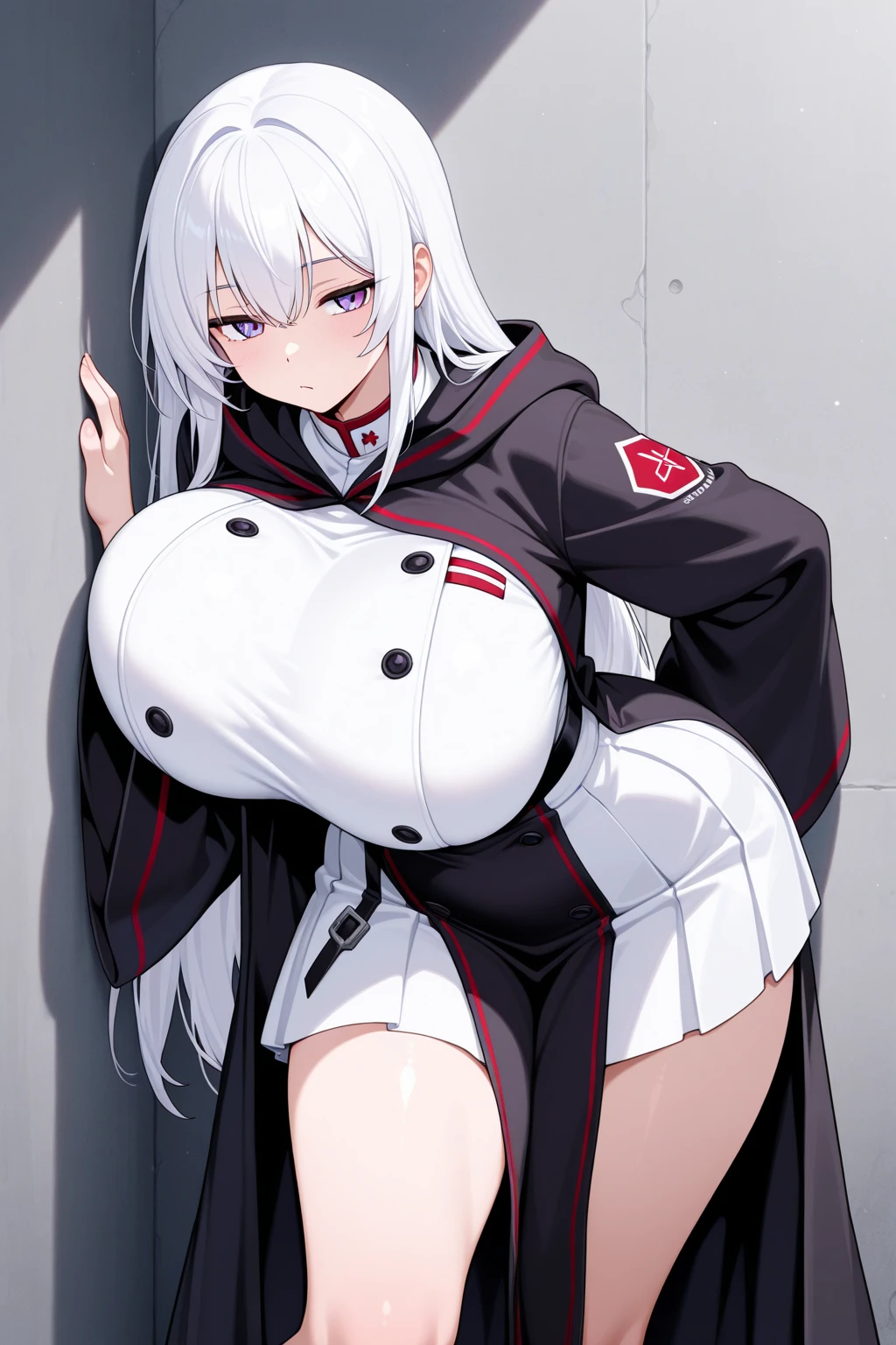 1girl, Silvery-white hair,Red eyes,Shy,Comb back,short detailed hair,big breasts,thick thighs,huge ass,cleavage,Black trim,(nsfw:0.8),solo focus, bangs, skin tight, blushing, shy,white high school uniform,sailor suit, cleavage, dark red pleated skirt, stockings,sneakers,no shirt, naked, nipples , areolae,