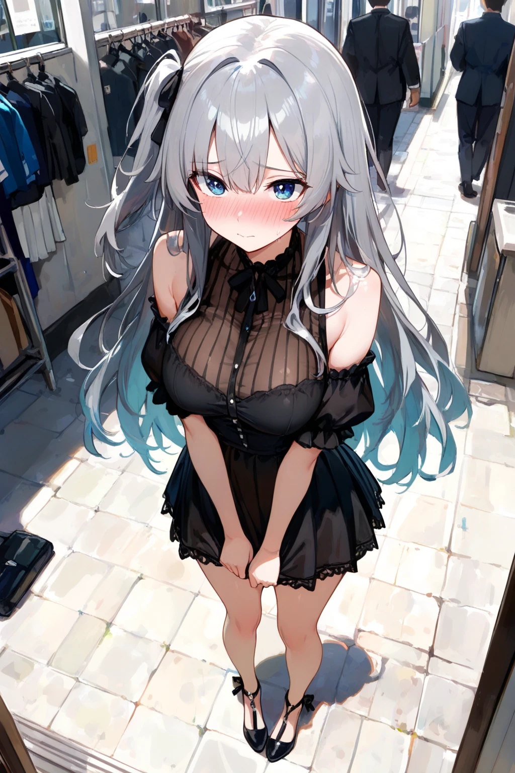 (1) One woman is showing the front of her own black panties.
(2) That woman is rolling up her skirt by herself.
(3) She is wearing a sexy knit, flared skirt and high heels.
(4) The location is a lingerie shop.