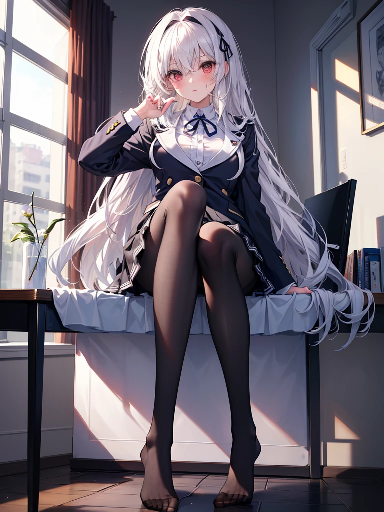 highest grade、masterpiece、HDTV、(full bodyesbian)、(frontage)、(bilaterally symmetrical)、A mature and tall Japanese high school girl、soio、(Full body view from head to toe)、(feet without shoes)、sitting composition、Composition with legs spread apart、Slightly low angle、(White ruffled panties)、small tits、(Black tights)、(black pantyhose)、(Composition showing white panties)、A very beautiful and tall 17 year old girl.、(I'm not wearing shoes)、(bangss)、Unkempt hair、(hair clips)、pale blush、Looking at the camera、slender leg、 High School Uniform Blazer、High School Uniform White Blouse、high school uniform blue ribbon、High school uniform plaid and navy pleated skirt