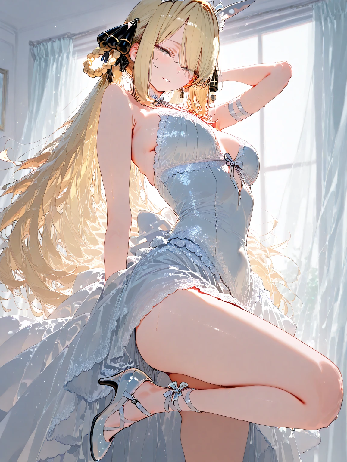 Anime style, super fine illustration, highly detailed, beautiful detailed, pale tone image, static representation, gentle expression, 8k, pretty 1girl with blonde straight short hair & blue eyes & a bright smile & full bust & soft fair skin is wearing big white business shart not to show her skin & black tight skirt in the cafe for drinking ice coffee in the evening, brilliant particles of lights, romantic stories, solo, perfect 5fingers, perfect arms, perfect legs, masterpiece.