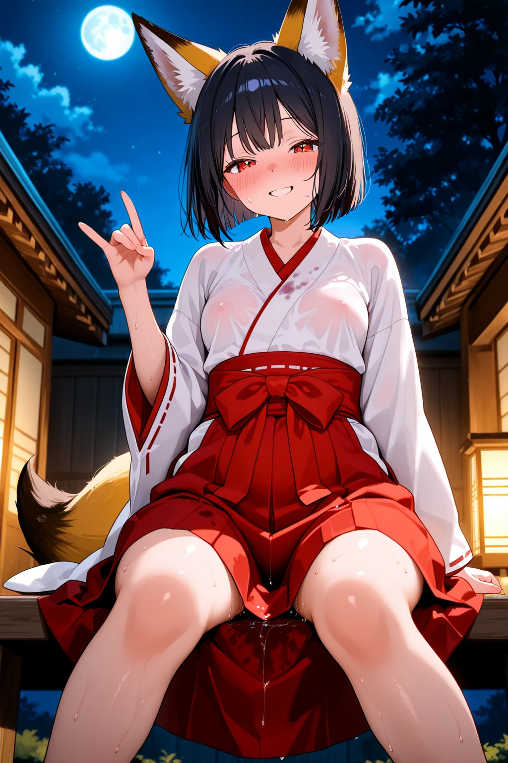 (outside,alley in Japan,night),rubble,1girl,1boy,sex,squatting cowgirl position,spread pussy,(close-up,vaginal:1.2),shiny skin,red eyes,japanese clothes,black clothes,black hair,long hair,messy hair,smirk,small breasts,moon