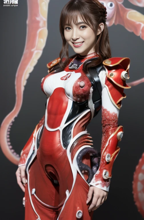 There is a statue of a woman in a red suit standing on a rock, Fine details. Japanese cartoons. Tentacles, covered with Tentacles, Tentacles around, teths and Tentacles, many suckered Tentacles. Hybrids, Beautiful octopus woman, Robot octopus, Mermaid with laser whip, Tentacles兽, Feminine body