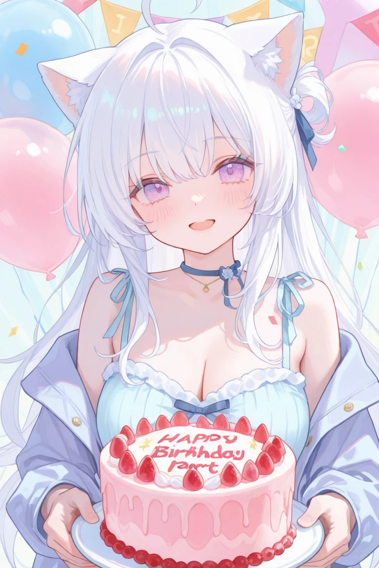 card, sexy waifu, long silver hair, green eyes, anime style. Busty, cute outfit, with the words "happy birthday"