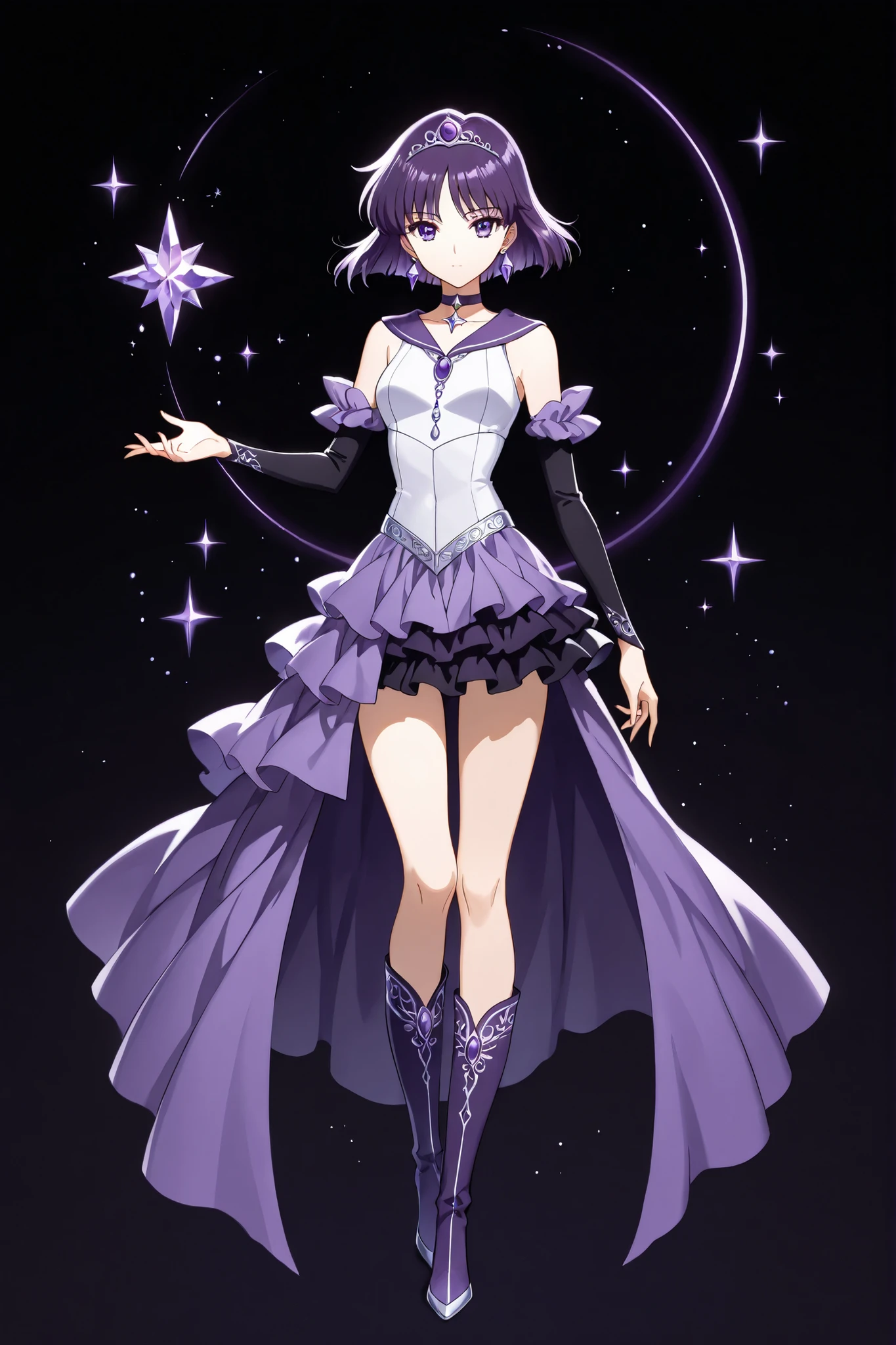 best quality, masterpiece, 4k resolution, hyper-detailed, best-quality, source_anime, 1girl, full body, solo, hotaru tomoe, purple eyes, short hair, purple hair, circlet, tiara, brooch, choker, amethyst earrings, white top, tight top, black-violet arm sleeves, decorated sleeves, bare hands, bare shoulders, jewelry, miniskirt, purple sailor collar, sailor collar, layered skirt, asymmetrical skirt, High-Low Skirt, Asymmetrical Hem Skirt, cascade skirt, knees, star choker, purple boots, misty boots, misty heels, black-lace knee boots, decorated boots, black background, starlit background