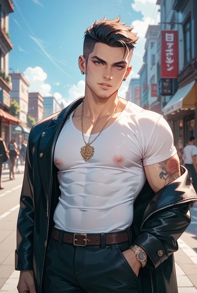 1 boy,Handsome，tall and strong,perfect male figure, eyes looking at camera, shirtless ((tanned skin)), street，silver hair,serious expression,necklace,Ray tracing, smiling 