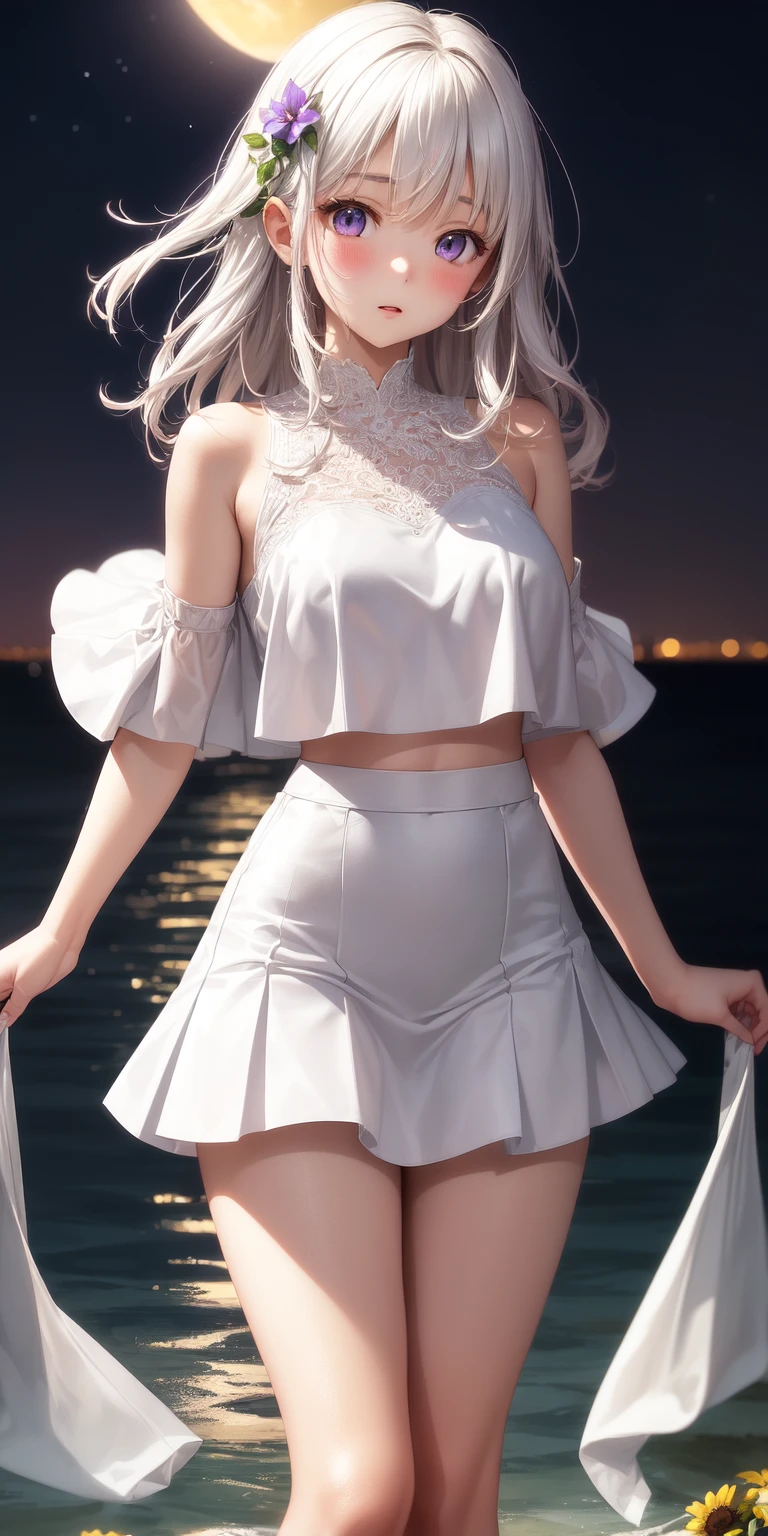 Realistic, 1girl, white hair, purple eyes, glowing eyes, cropped top, skirt, parted lips, blush, night, flowers, sun, sunlight, white skirt, short skirt, medium length hair, real, warm colors, white short Dress, white clothes, light background color, day environment, bright color background, saudi, ocean, cute,