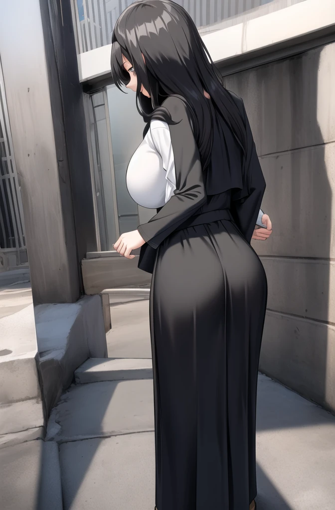 The teacher wears a black silk stepmother dress。8k,Superb image quality