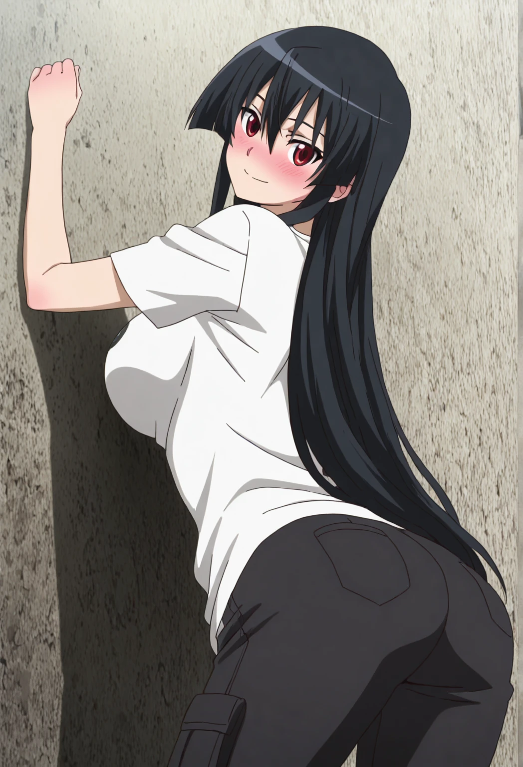 Optimal,masterpiece,High resolution,highest quality,in town、cute face,,black hair、long hair、twin tails、 ((scarlet eyes)),long eyelashes,drooping corners of the eyes,Are standing、thin legs、white skin,((Shoot from the front:1.5)), ((Wearing a tight white t-shirt:1.5)), ((tight yoga pants)). ((pointed nipples))、rocket tits , big breasts,