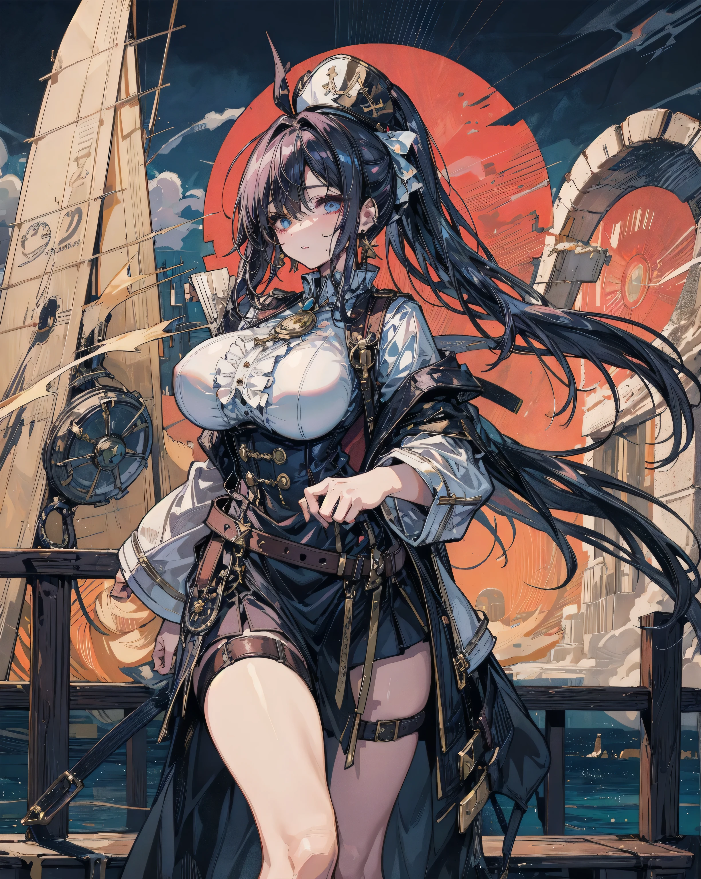 msfw, Draw me a Steampunk air pirate girl. It's a black African girl who looks like [Whitney Houston]. (Huge breasts:1.2) with deep cleavage, corset, blue eyes, steel-colored hair, lots of steampunk fiddling in her costume (copper gears, conning glasses, lots of brass parts and fancy gears). But her entire costume suggests that she is specifically a Pirate. Her headdress is a triangular pirate hat with a Jolly Roger (skull and bones:1.3) The only natural detail of her costume is a (white daisy:1.2) stuck in the lapel of her camisole. She stands on the deck of a fictional steampunk aircraft that soars high in the sky, and gazes into the distance. Her face displays calmness, determination. There is a thunderstorm raging all around, wind, rain, downpour, rain, bad weather, thick storm clouds. Outlandish steampunk aerostats fly in the sky. In the distance, almost on the horizon, the ruins of a ruined metropolis are smoking, 8k, volumetric light, intricate details, particles,