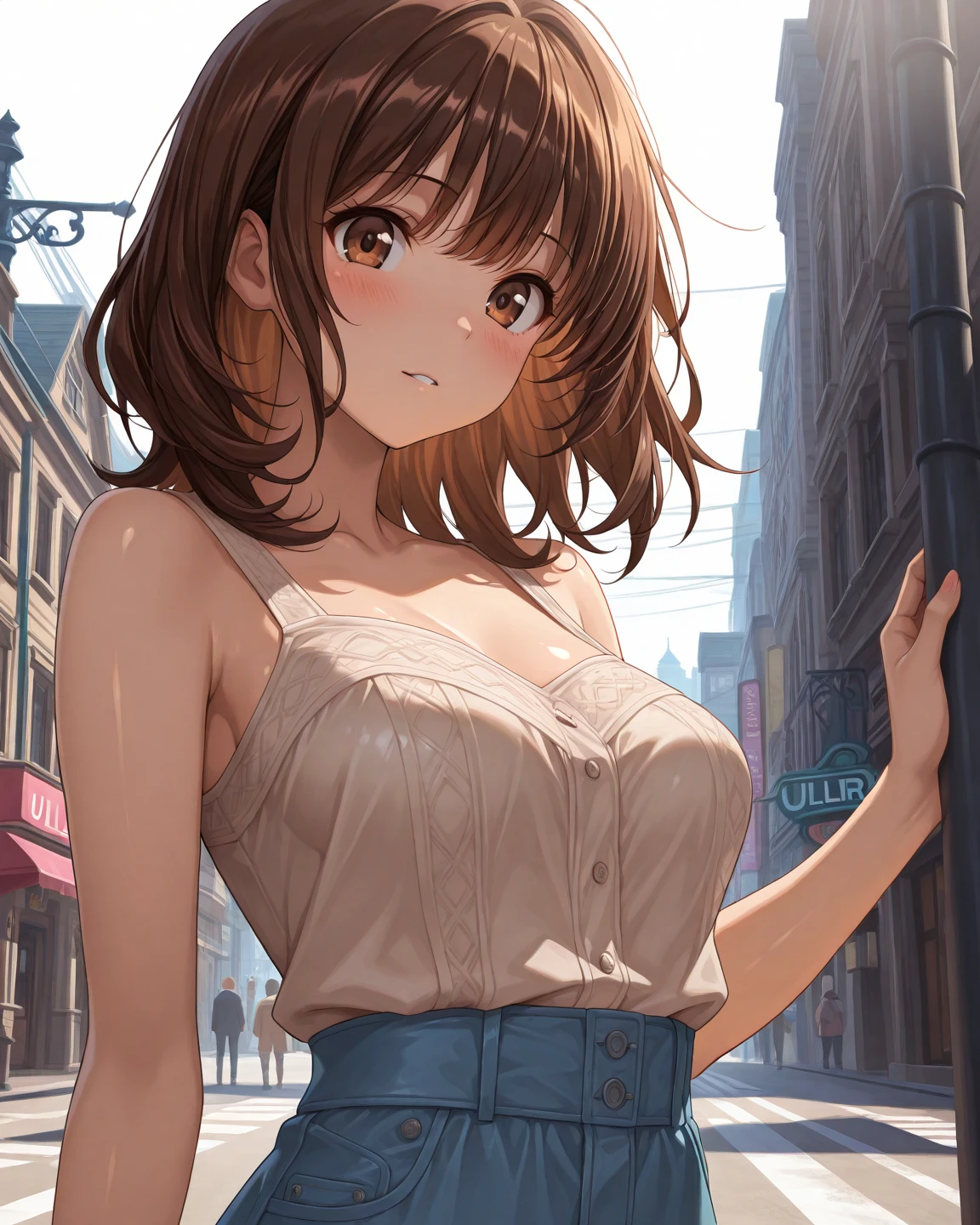(White dress white、No sleeve、Armpit)、Big Breasts、独奏、Toned body、Bare thighs、(short hair、Brown Hair、Barrette、hair ornaments)、(Brown eyes:1.5)、(yuihirasawa、yui hirasawa、Yui Hirasawa)、(Panty shot、White panties、Panties transparent with sweat、Mansuji)、Big Breasts、In town、bustling street、独奏