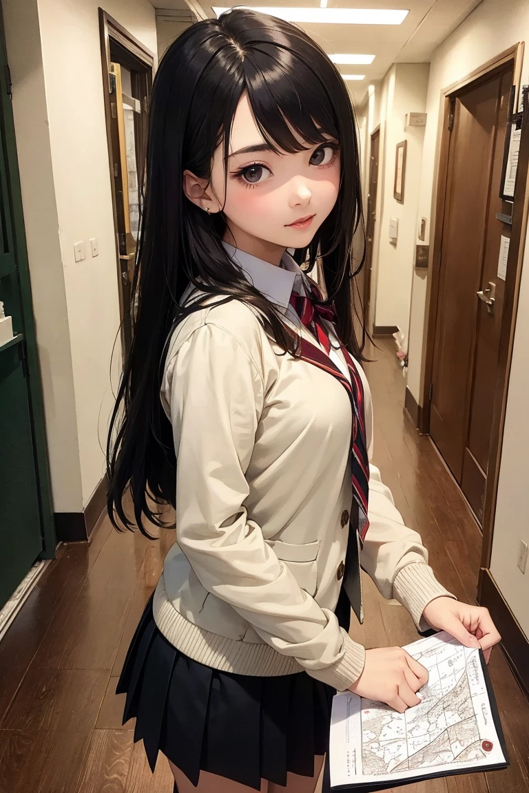 A complete picture of a beautiful 6-year-old boy with long hair and big eyes, wearing school clothes