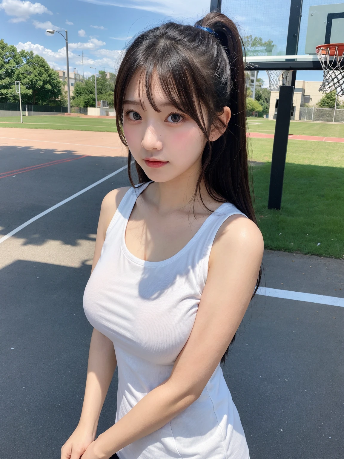 ((highest quality、Masterpiece、High resolution))、(((Zoom photo of upper body)))、(A shy smile:1.2)、One 15-year-old female、Beautiful Skin、Beautiful Eyes、Large Breasts、Sportswear、Black Hair、Trimmed bangs、semi-long