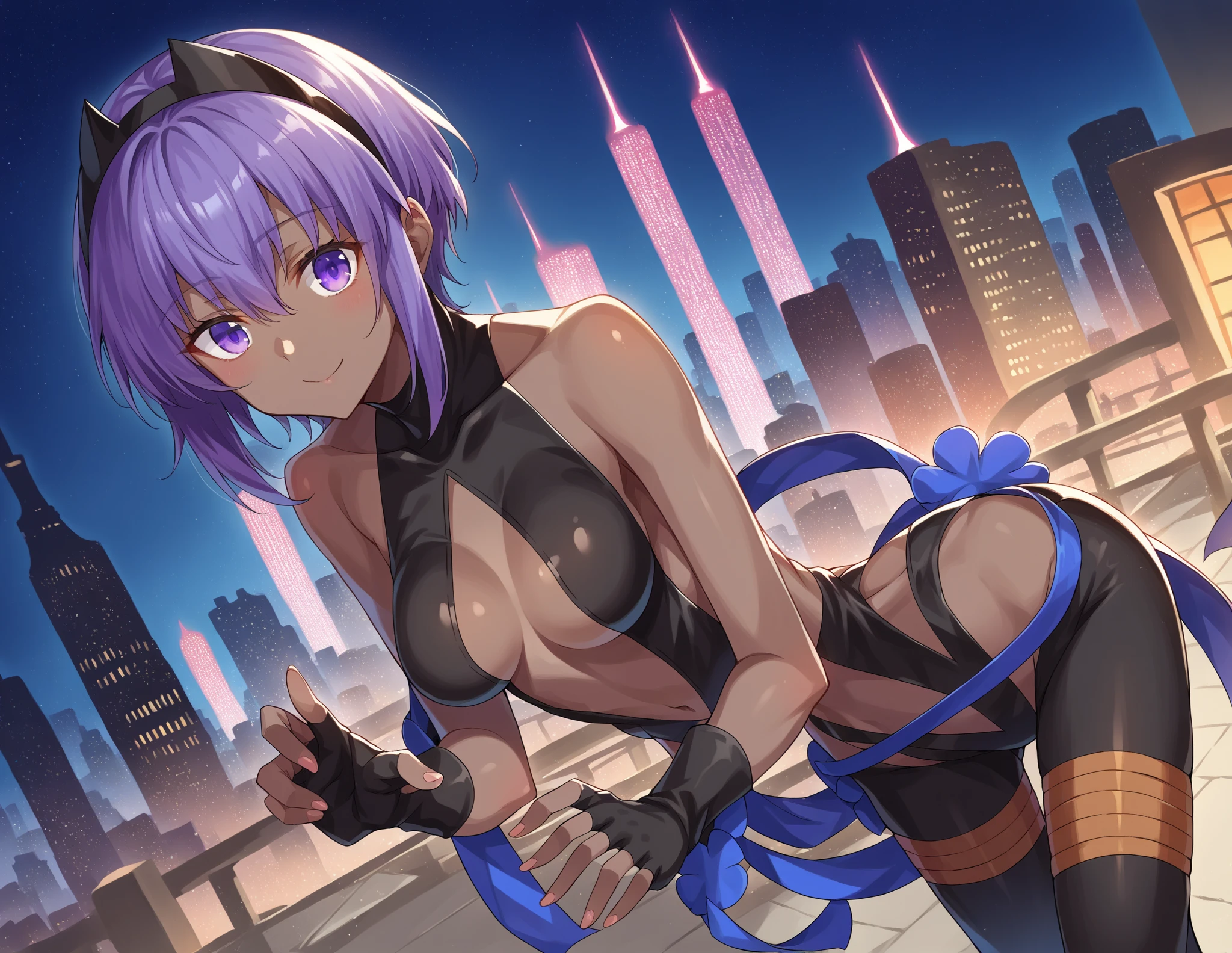 serenity, <lora:serenity-lora-nochekaiser:1>,
serenity, (dark skin:1.5), dark-skinned female, (purple eyes:1.1), purple hair, short hair, (small breast:1.2),
BREAK black gloves, black hairband, black leggings, black leotard, center opening, fingerless gloves, gloves, hairband, leotard, navel,
BREAK looking at viewer,
BREAK outdoors,
BREAK <lyco:GoodHands-beta2:1>, (masterpiece:1.2), best quality, high resolution, unity 8k wallpaper, (illustration:0.8), (beautiful detailed eyes:1.6), extremely detailed face, perfect lighting, extremely detailed CG, (perfect hands, perfect anatomy),