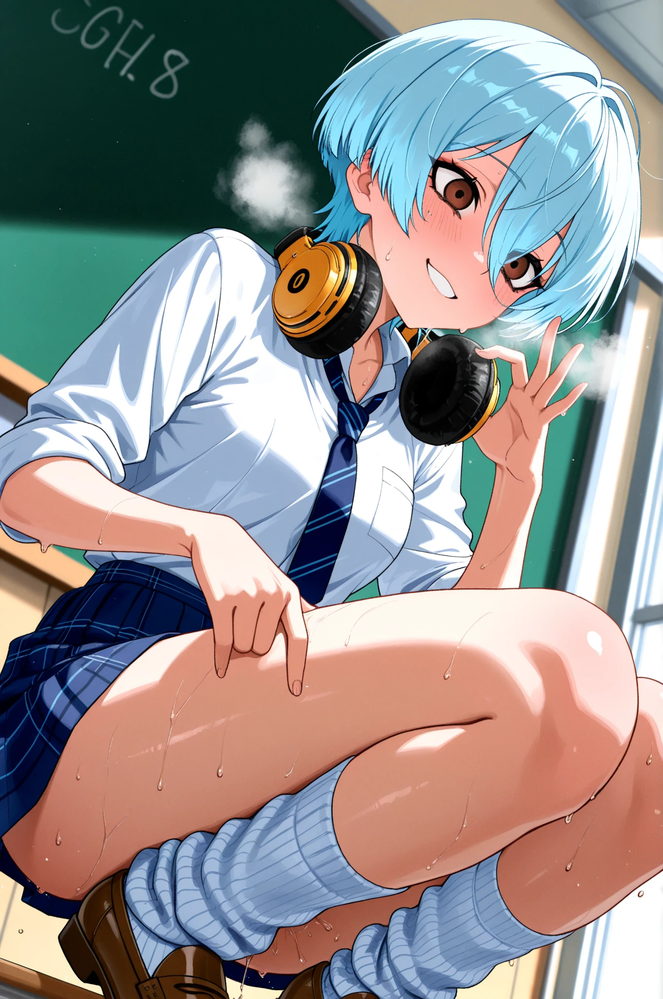((marker style)),masterpiece, best quality, extremely detailed,dutch angle,16Year old,tanned skin,dark skin, Beautiful body,Large breasts,BREAK,multicolored colorful White hair,flipped hair,bobby pin,for head,BREAK,close eyes,shy,open widde mouth,motion line,happy smile,detailed lips,BREAK,BREAK,oversized school blouse、tartan check Skirt,striped_panties,up skirt,break,head tilt,school room,sitting desk,chatting with classmates,listening to music on her smartphone and headphones