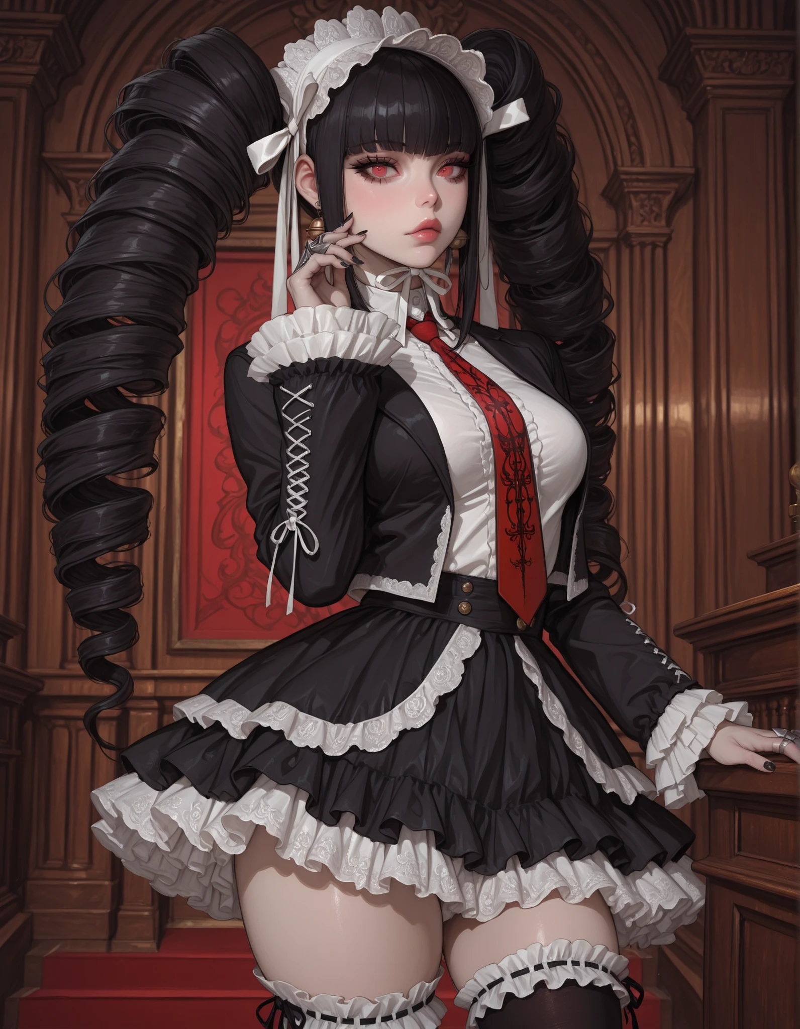 masterpiece, best quality, amazing quality, absurdres, newest, celestia ludenberg, 1girl, solo, long hair, bangs, lips, white shirt, black hair, red eyes, long sleeves, twintails, standing, bell earrings, frills, print necktie, black skirt, nail polish, black jacket, drill hair, frilled sleeves, red necktie, black nails, twin drills, gothic fashion, layered skirt, bonnet, claw ring, frilled skirt, hand up, medium breasts, courtroom, thighs, looking at viewer, frilled thighhighs